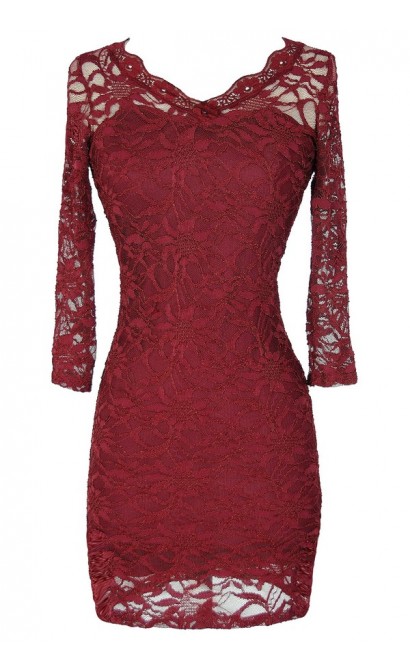Open Back Fitted Lace Dress With Three Quarter Sleeves in Wine Red